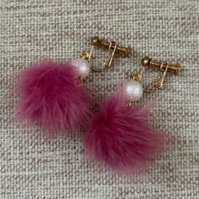 ハンドメイド ミンクファー イヤリング パール パープル ピンク < 女性ファッション ハンドメイド ミンクファー イヤリング パール パープル ピンク < 女性ファッションの