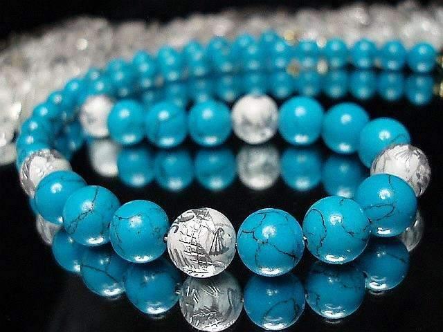 天然石昇龍手彫り銀箔水晶ホワイト青ターコイズ12ミリネックレス < 男性アクセサリー/時計  天然石昇龍手彫り銀箔水晶ホワイト青ターコイズ12ミリネックレス < 男性アクセサリー/時計の