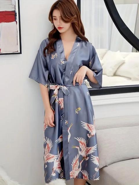 爆ヤス価格1190円★女性用シルク調パジャマ&ローブセット、ゆったりサイズ、夏の涼しげ 日本サイズM グレー < 女性ファッション  爆ヤス価格1190円★女性用シルク調パジャマ&ローブセット、ゆったりサイズ、夏の涼しげ 日本サイズM グレー  < 女性ファッションの