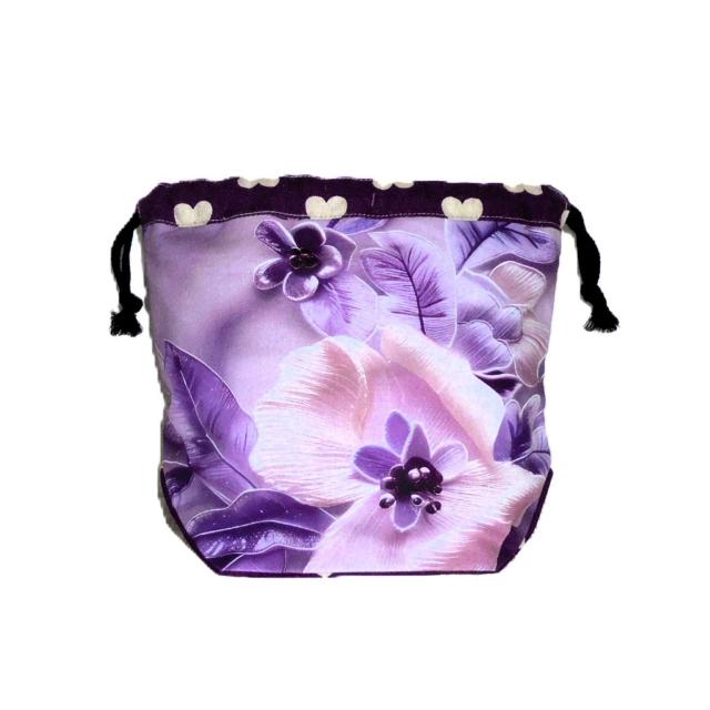 【底マチ幅が広い巾着】◆紫の花クレマチス×紫グラデーション×紫ハート < 女性ファッション 【底マチ幅が広い巾着】◆紫の花クレマチス×紫グラデーション×紫ハート < 女性ファッションの