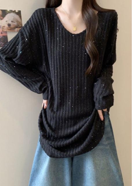 ニット ゆったり セーター ストライプ柄 キラキララメ入り ブラック 大きいサイズ < 女性ファッション ニット ゆったり セーター ストライプ柄 キラキララメ入り ブラック 大きいサイズ < 女性ファッションの