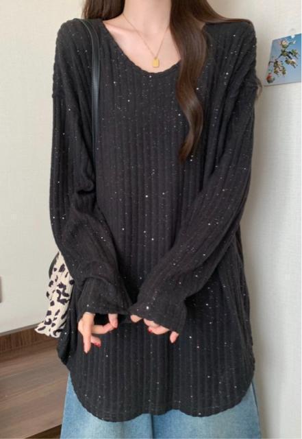 ニット ゆったり セーター ストライプ柄 キラキララメ入り ブラック 大きいサイズ < 女性ファッション ニット ゆったり セーター ストライプ柄 キラキララメ入り ブラック 大きいサイズ < 女性ファッションの