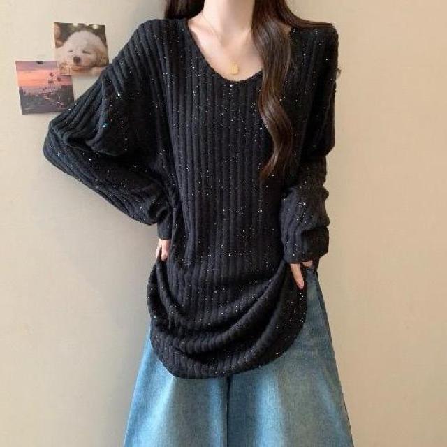 ニット ゆったり セーター ストライプ柄 キラキララメ入り ブラック 大きいサイズ < 女性ファッション ニット ゆったり セーター ストライプ柄 キラキララメ入り ブラック 大きいサイズ < 女性ファッションの