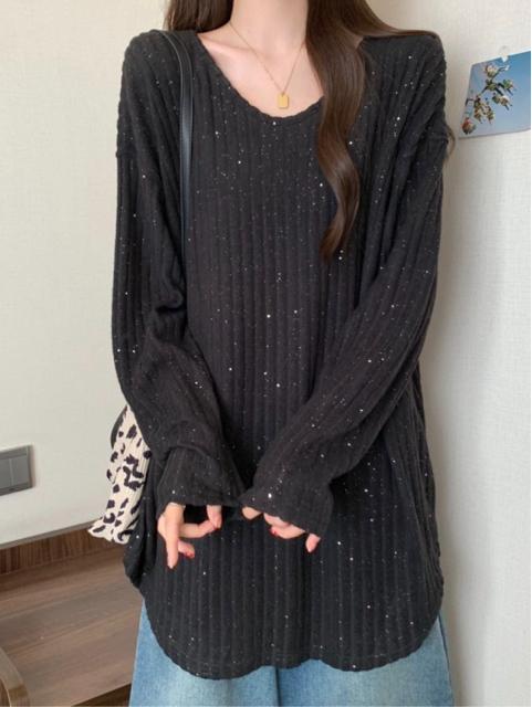 ニット ゆったり セーター ストライプ柄 キラキララメ入り ブラック 大きいサイズ < 女性ファッション ニット ゆったり セーター ストライプ柄 キラキララメ入り ブラック 大きいサイズ < 女性ファッションの