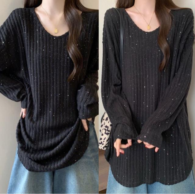 ニット ゆったり セーター ストライプ柄 キラキララメ入り ブラック 大きいサイズ < 女性ファッション ニット ゆったり セーター ストライプ柄 キラキララメ入り ブラック 大きいサイズ < 女性ファッションの