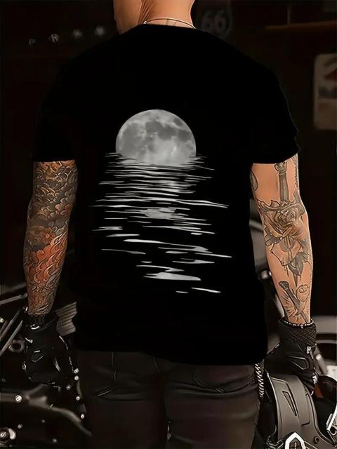 爆ヤス価格890円★メンズ スタイリッシュ ブラックTシャツ、月明かりの波グラフィック付き USAサイズM(日本サイズXL相当) < 男性ファッション 爆ヤス価格890円★メンズ スタイリッシュ ブラックTシャツ、月明かりの波グラフィック付き USAサイズM(日本サイズXL相当) < 男性ファッションの