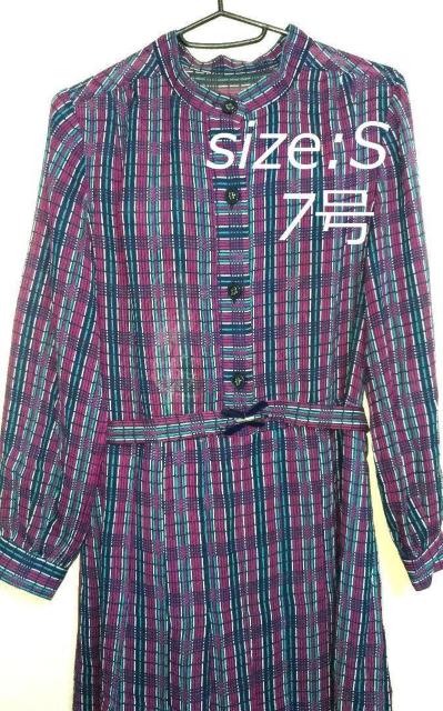 パープル系チェック柄長袖ワンピース XS〜Sサイズ 5〜7号 ベルト付き クラシカル < 女性ファッション パープル系チェック柄長袖ワンピース XS〜Sサイズ 5〜7号 ベルト付き クラシカル < 女性ファッションの