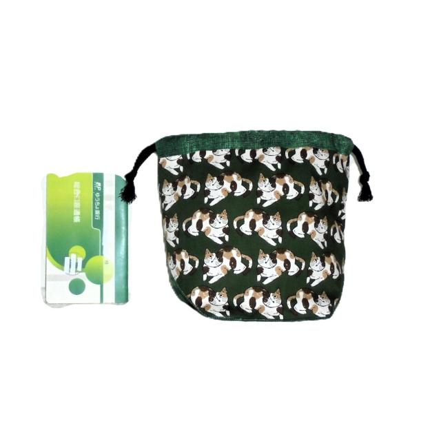 【底マチ幅が広い巾着】◆日本猫◆三毛猫×深緑地◆裏地あり巾着 < 女性ファッション 【底マチ幅が広い巾着】◆日本猫◆三毛猫×深緑地◆裏地あり巾着 < 女性ファッションの