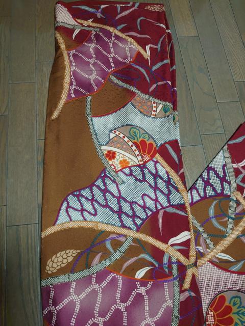 §USED、振袖、暈し染め、扇面花唐草吉祥鹿の子文 < 女性ファッション  §USED、振袖、暈し染め、扇面花唐草吉祥鹿の子文 < 女性ファッションの