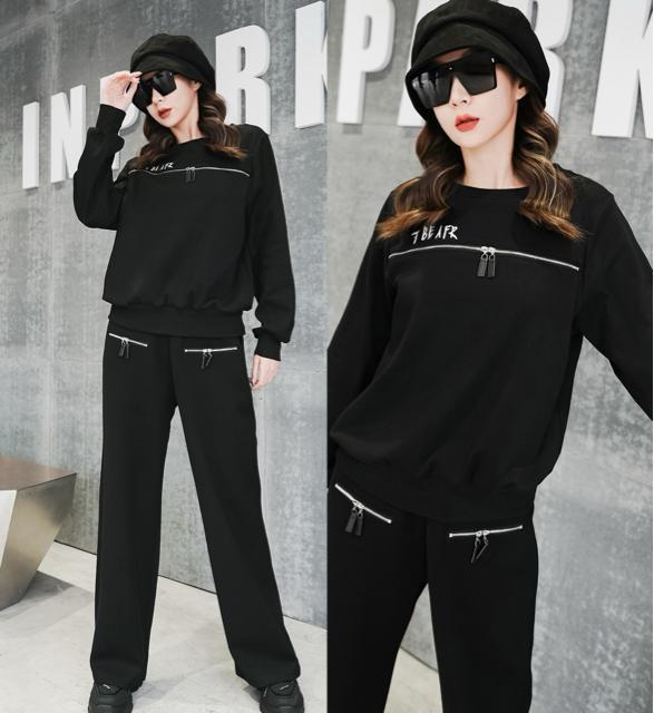 トレーナー 飾りファスナー 刺繍英字 長袖 ブラック 大きいサイズ < 女性ファッション  トレーナー 飾りファスナー 刺繍英字 長袖 ブラック 大きいサイズ  < 女性ファッションの