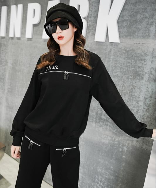 トレーナー 飾りファスナー 刺繍英字 長袖 ブラック 大きいサイズ < 女性ファッション  トレーナー 飾りファスナー 刺繍英字 長袖 ブラック 大きいサイズ < 女性ファッションの