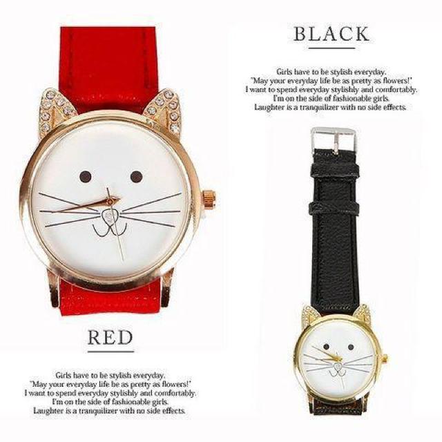ラインストーン耳デザイン&猫絵腕時計PUレザーベルトBk < 女性アクセサリー/時計  ラインストーン耳デザイン&猫絵腕時計PUレザーベルトBk < 女性アクセサリー/時計の