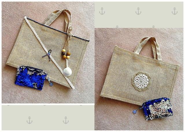ハンドメイド◆貝殻 ネックレス付♪麻 ジュートトートバッグ スパンコール ポーチ セット < 女性ファッション  ハンドメイド◆貝殻 ネックレス付♪麻 ジュートトートバッグ スパンコール ポーチ セット  < 女性ファッションの