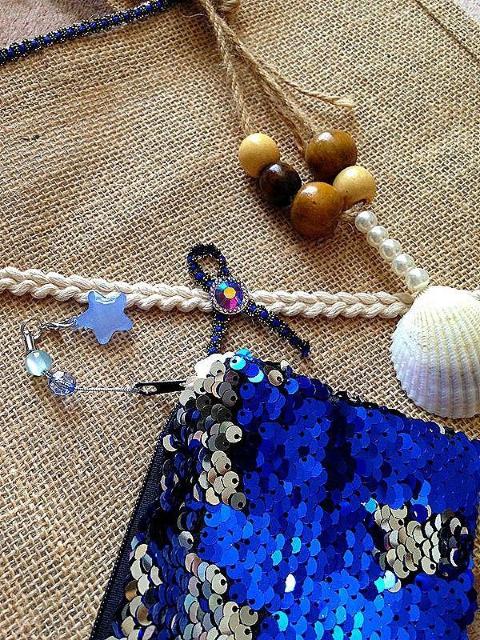 ハンドメイド◆貝殻 ネックレス付♪麻 ジュートトートバッグ スパンコール ポーチ セット < 女性ファッション  ハンドメイド◆貝殻 ネックレス付♪麻 ジュートトートバッグ スパンコール ポーチ セット < 女性ファッションの