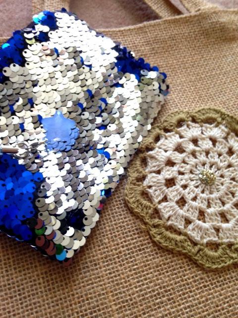 ハンドメイド◆貝殻 ネックレス付♪麻 ジュートトートバッグ スパンコール ポーチ セット < 女性ファッション  ハンドメイド◆貝殻 ネックレス付♪麻 ジュートトートバッグ スパンコール ポーチ セット < 女性ファッションの