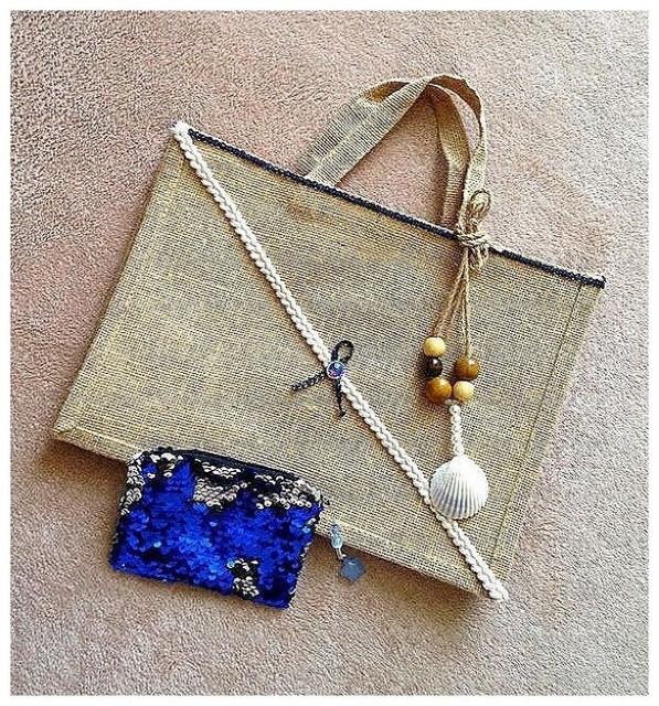 ハンドメイド◆貝殻 ネックレス付♪麻 ジュートトートバッグ スパンコール ポーチ セット < 女性ファッション  ハンドメイド◆貝殻 ネックレス付♪麻 ジュートトートバッグ スパンコール ポーチ セット < 女性ファッションの