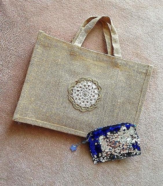 ハンドメイド◆貝殻 ネックレス付♪麻 ジュートトートバッグ スパンコール ポーチ セット < 女性ファッション  ハンドメイド◆貝殻 ネックレス付♪麻 ジュートトートバッグ スパンコール ポーチ セット < 女性ファッションの