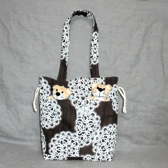 ◆白ドイリーレース×茶地◆外ポケットA持ち手付き巾着バッグ◆ < 女性ファッション  ◆白ドイリーレース×茶地◆外ポケットA持ち手付き巾着バッグ◆ < 女性ファッションの