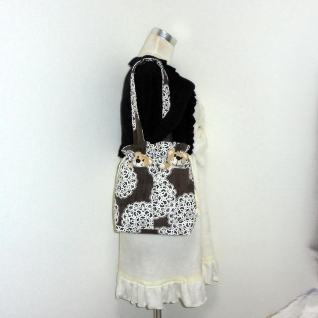 ◆白ドイリーレース×茶地◆外ポケットA持ち手付き巾着バッグ◆ < 女性ファッション  ◆白ドイリーレース×茶地◆外ポケットA持ち手付き巾着バッグ◆ < 女性ファッションの