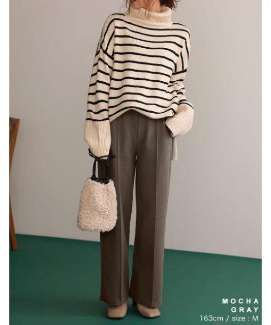 美脚パンツ●暖か 裏起毛センタータック ストレートパンツ●グレーベージュ グレージュ●L●ウエストゴム < 女性ファッション  美脚パンツ●暖か 裏起毛センタータック ストレートパンツ●グレーベージュ グレージュ●L●ウエストゴム < 女性ファッションの