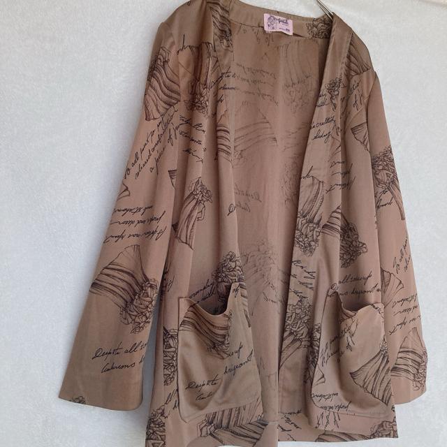 英国イラスト プリント 長袖 ノーカラージャケット カーディガン はおり 茶 F N2m < 女性ファッション 英国イラスト プリント 長袖 ノーカラージャケット カーディガン はおり 茶 F N2m < 女性ファッションの