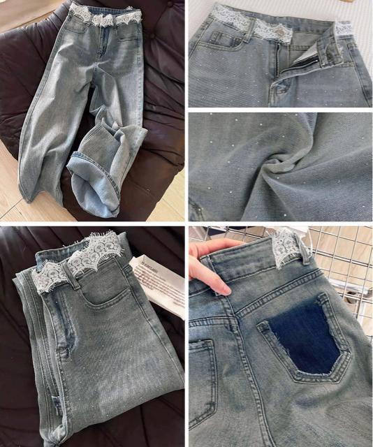 送料無料 新品 レースウエストデニムパンツビジューデニム < 女性ファッション  送料無料 新品 レースウエストデニムパンツビジューデニム < 女性ファッションの