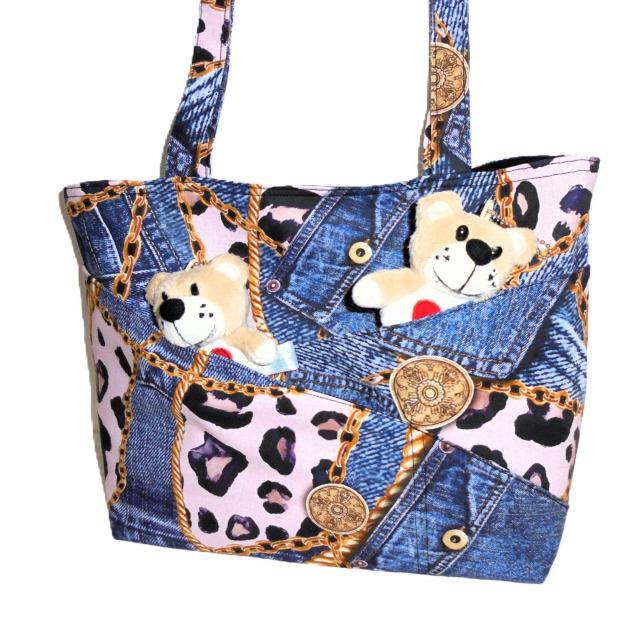 ◆スクエアベーシックトートバッグ【大サイズ】◆ヒョウ豹×デニム×チェーン◆ < 女性ファッション  ◆スクエアベーシックトートバッグ【大サイズ】◆ヒョウ豹×デニム×チェーン◆ < 女性ファッションの