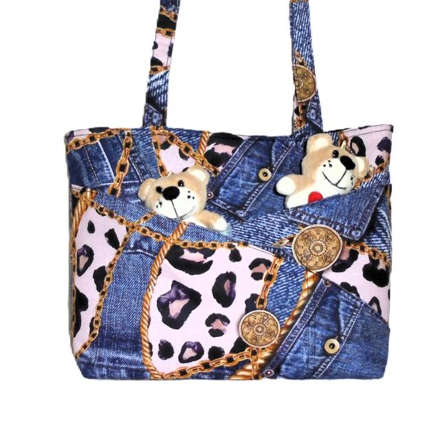 ◆スクエアベーシックトートバッグ【大サイズ】◆ヒョウ豹×デニム×チェーン◆ < 女性ファッション  ◆スクエアベーシックトートバッグ【大サイズ】◆ヒョウ豹×デニム×チェーン◆ < 女性ファッションの