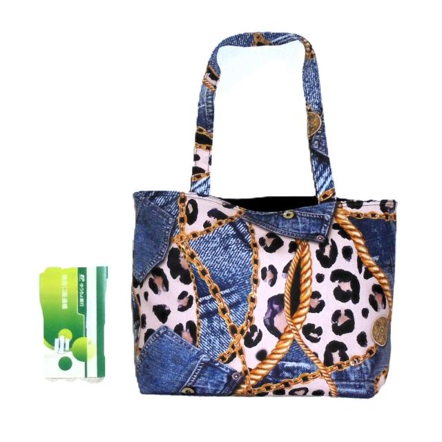 ◆スクエアベーシックトートバッグ【大サイズ】◆ヒョウ豹×デニム×チェーン◆ < 女性ファッション  ◆スクエアベーシックトートバッグ【大サイズ】◆ヒョウ豹×デニム×チェーン◆ < 女性ファッションの