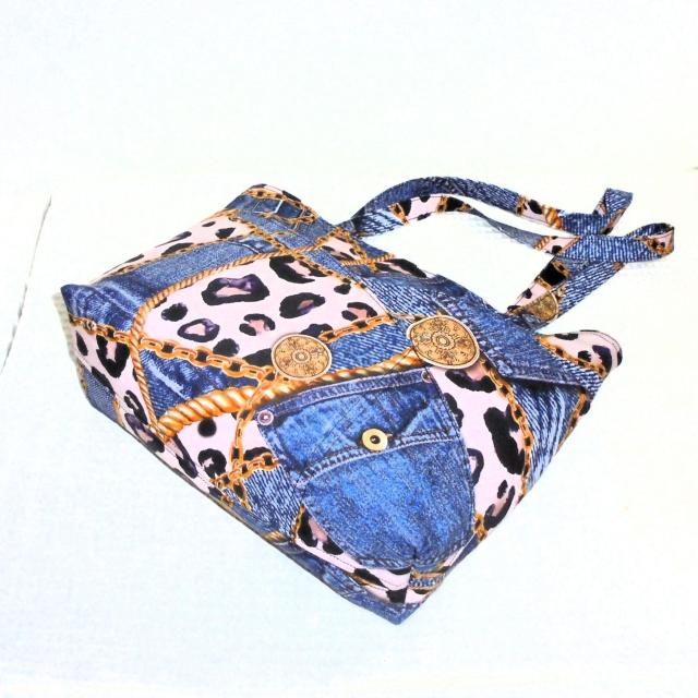 ◆スクエアベーシックトートバッグ【大サイズ】◆ヒョウ豹×デニム×チェーン◆ < 女性ファッション  ◆スクエアベーシックトートバッグ【大サイズ】◆ヒョウ豹×デニム×チェーン◆ < 女性ファッションの