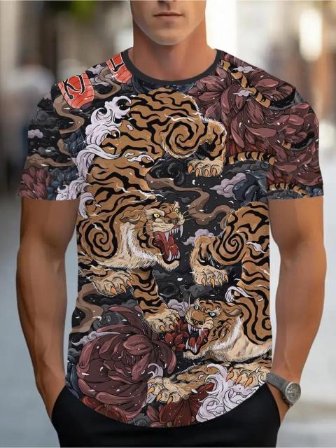 爆ヤス価格990円★メンズタイガープリント半袖Tシャツ - ブラックとオレンジのデザイン USAサイズS(日本サイズL相当) < 男性ファッション  爆ヤス価格990円★メンズタイガープリント半袖Tシャツ - ブラックとオレンジのデザイン USAサイズS(日本サイズL相当)  < 男性ファッションの