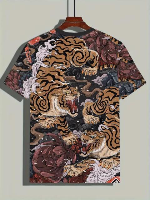 爆ヤス価格990円★メンズタイガープリント半袖Tシャツ - ブラックとオレンジのデザイン USAサイズS(日本サイズL相当) < 男性ファッション  爆ヤス価格990円★メンズタイガープリント半袖Tシャツ - ブラックとオレンジのデザイン USAサイズS(日本サイズL相当) < 男性ファッションの