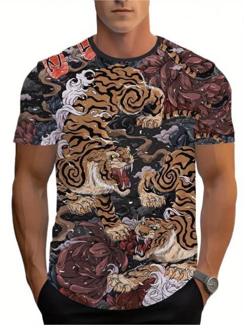 爆ヤス価格990円★メンズタイガープリント半袖Tシャツ - ブラックとオレンジのデザイン USAサイズS(日本サイズL相当) < 男性ファッション  爆ヤス価格990円★メンズタイガープリント半袖Tシャツ - ブラックとオレンジのデザイン USAサイズS(日本サイズL相当) < 男性ファッションの