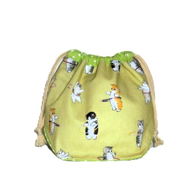 【底マチ幅が広い巾着】◆もふさんど◆mofusand ◆フラフープ総柄×黄緑地◆裏地あり巾着 < 女性ファッション 【底マチ幅が広い巾着】◆もふさんど◆mofusand ◆フラフープ総柄×黄緑地◆裏地あり巾着 < 女性ファッションの