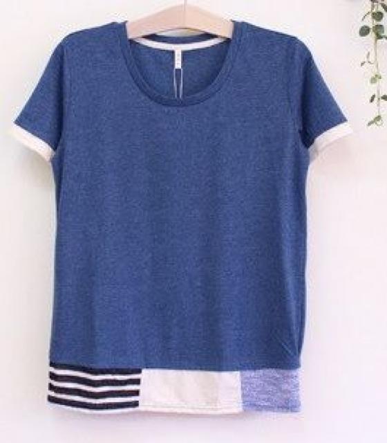 裾パッチワークデザイン半袖カットソー 杢ネイビー系 Mサイズ < 女性ファッション  裾パッチワークデザイン半袖カットソー 杢ネイビー系 Mサイズ  < 女性ファッションの