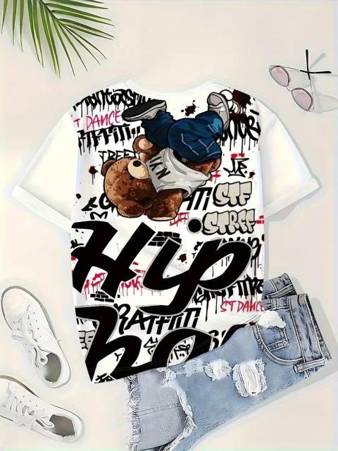 超お買い得1390円★ ベア グラフィティ プリント Tシャツ、 ラウンドネック 半袖 USAサイズM(日本サイズL相当) < 女性ファッション 超お買い得1390円★ ベア グラフィティ プリント Tシャツ、 ラウンドネック 半袖 USAサイズM(日本サイズL相当) < 女性ファッションの