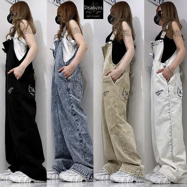 NEW最新bgM【Dealivez】リーフロゴ刺繍 デニム オーバーロール デッキサロペ 特殊加工 < 女性ファッション NEW最新bgM【Dealivez】リーフロゴ刺繍 デニム オーバーロール デッキサロペ 特殊加工 < 女性ファッションの