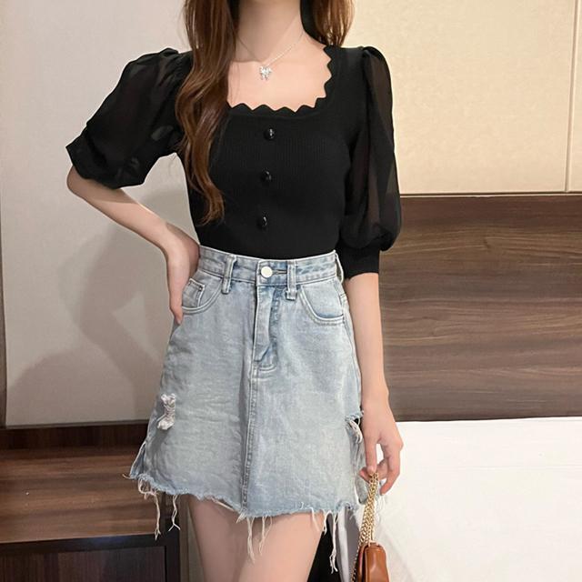 送料無料 新品 ニットブラウス 異素材切り替え 韓国風 < 女性ファッション  送料無料 新品 ニットブラウス 異素材切り替え 韓国風 < 女性ファッションの
