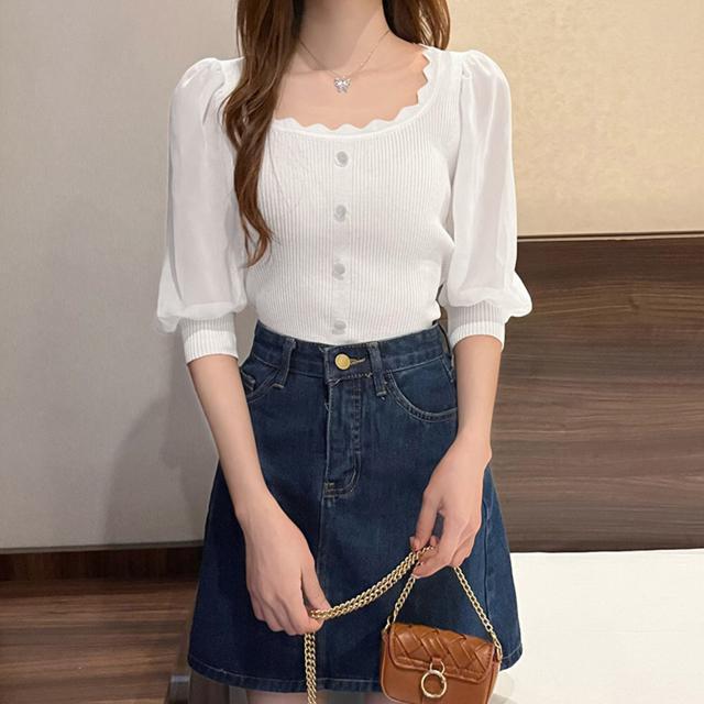 送料無料 新品 ニットブラウス 異素材切り替え 韓国風 < 女性ファッション  送料無料 新品 ニットブラウス 異素材切り替え 韓国風 < 女性ファッションの