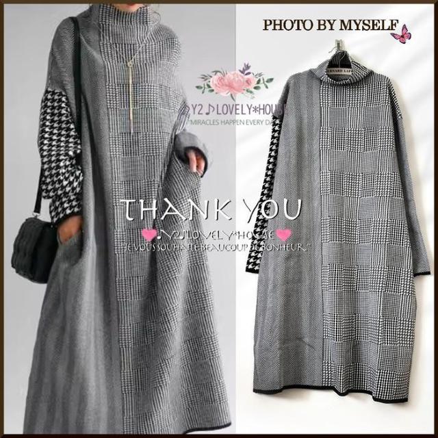 〜3L4L5L*千鳥格子ヘリンボーンMIX切替ハイネックニットワンヒ < 女性ファッション 〜3L4L5L*千鳥格子ヘリンボーンMIX切替ハイネックニットワンヒ < 女性ファッションの