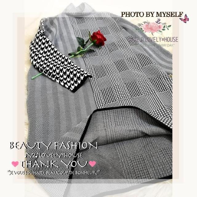 〜3L4L5L*千鳥格子ヘリンボーンMIX切替ハイネックニットワンヒ < 女性ファッション 〜3L4L5L*千鳥格子ヘリンボーンMIX切替ハイネックニットワンヒ < 女性ファッションの