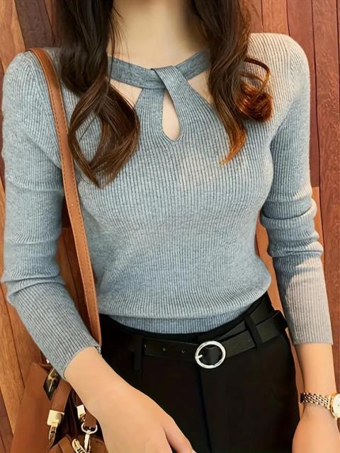 爆ヤス価格1790円★クロスフロントカットアウト長袖ニットトップ(女性用)- スリミングビスコースセーター (日本サイズF)グレー < 女性ファッション  爆ヤス価格1790円★クロスフロントカットアウト長袖ニットトップ(女性用)- スリミングビスコースセーター (日本サイズF)グレー  < 女性ファッションの