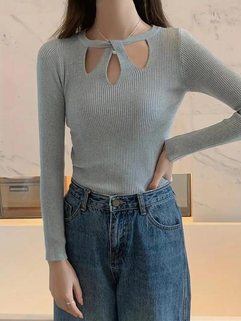 爆ヤス価格1790円★クロスフロントカットアウト長袖ニットトップ(女性用)- スリミングビスコースセーター (日本サイズF)グレー < 女性ファッション  爆ヤス価格1790円★クロスフロントカットアウト長袖ニットトップ(女性用)- スリミングビスコースセーター (日本サイズF)グレー < 女性ファッションの