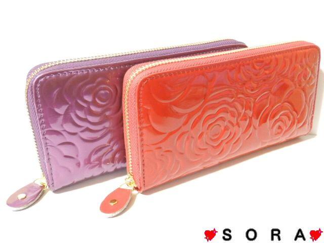 可愛い♪カメリアローズ型押し エナメル オールラウンドファスナー長財布 レッド < 女性ファッション 可愛い♪カメリアローズ型押し エナメル オールラウンドファスナー長財布 レッド < 女性ファッションの