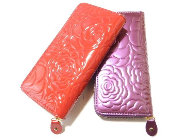 可愛い♪カメリアローズ型押し エナメル オールラウンドファスナー長財布 レッド < 女性ファッション 可愛い♪カメリアローズ型押し エナメル オールラウンドファスナー長財布 レッド < 女性ファッションの