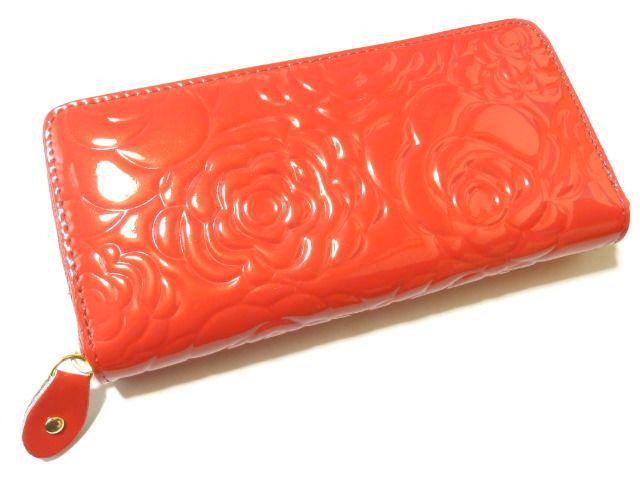 可愛い♪カメリアローズ型押し エナメル オールラウンドファスナー長財布 レッド < 女性ファッション 可愛い♪カメリアローズ型押し エナメル オールラウンドファスナー長財布 レッド < 女性ファッションの