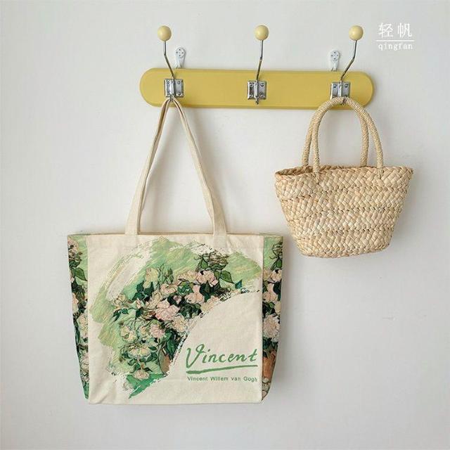 バッグ 鞄 ゴッホ キャンバス トートバッグ 芸術 プリント 白いバラ < 女性ファッション  バッグ 鞄 ゴッホ キャンバス トートバッグ 芸術 プリント 白いバラ < 女性ファッションの