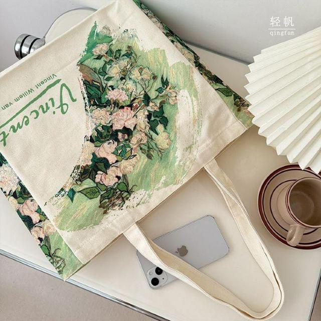 バッグ 鞄 ゴッホ キャンバス トートバッグ 芸術 プリント 白いバラ < 女性ファッション  バッグ 鞄 ゴッホ キャンバス トートバッグ 芸術 プリント 白いバラ < 女性ファッションの