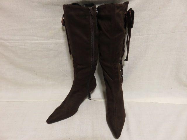 暖かい♪リボン付 美脚足長 サイド編上げ 内側ファスナー スエードロングブーツ ブラウン < 女性ファッション 暖かい♪リボン付 美脚足長 サイド編上げ 内側ファスナー スエードロングブーツ ブラウン < 女性ファッションの