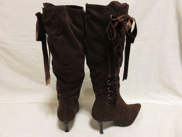暖かい♪リボン付 美脚足長 サイド編上げ 内側ファスナー スエードロングブーツ ブラウン < 女性ファッション 暖かい♪リボン付 美脚足長 サイド編上げ 内側ファスナー スエードロングブーツ ブラウン < 女性ファッションの